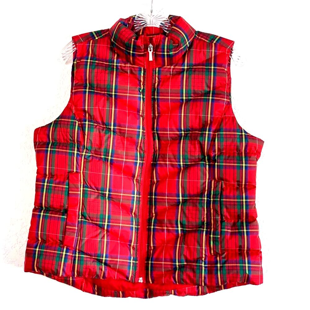 Lands' End Red Tartan Quilted Puffer Vest